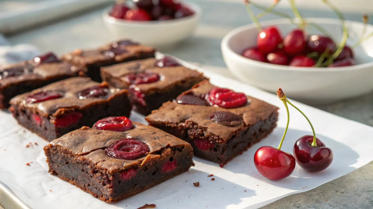 Freshly baked Roasted Chocolate Cherry Brownies cherry chocolate brownies with whole cherries on a white parchment paper, highlighting their fudgy texture.