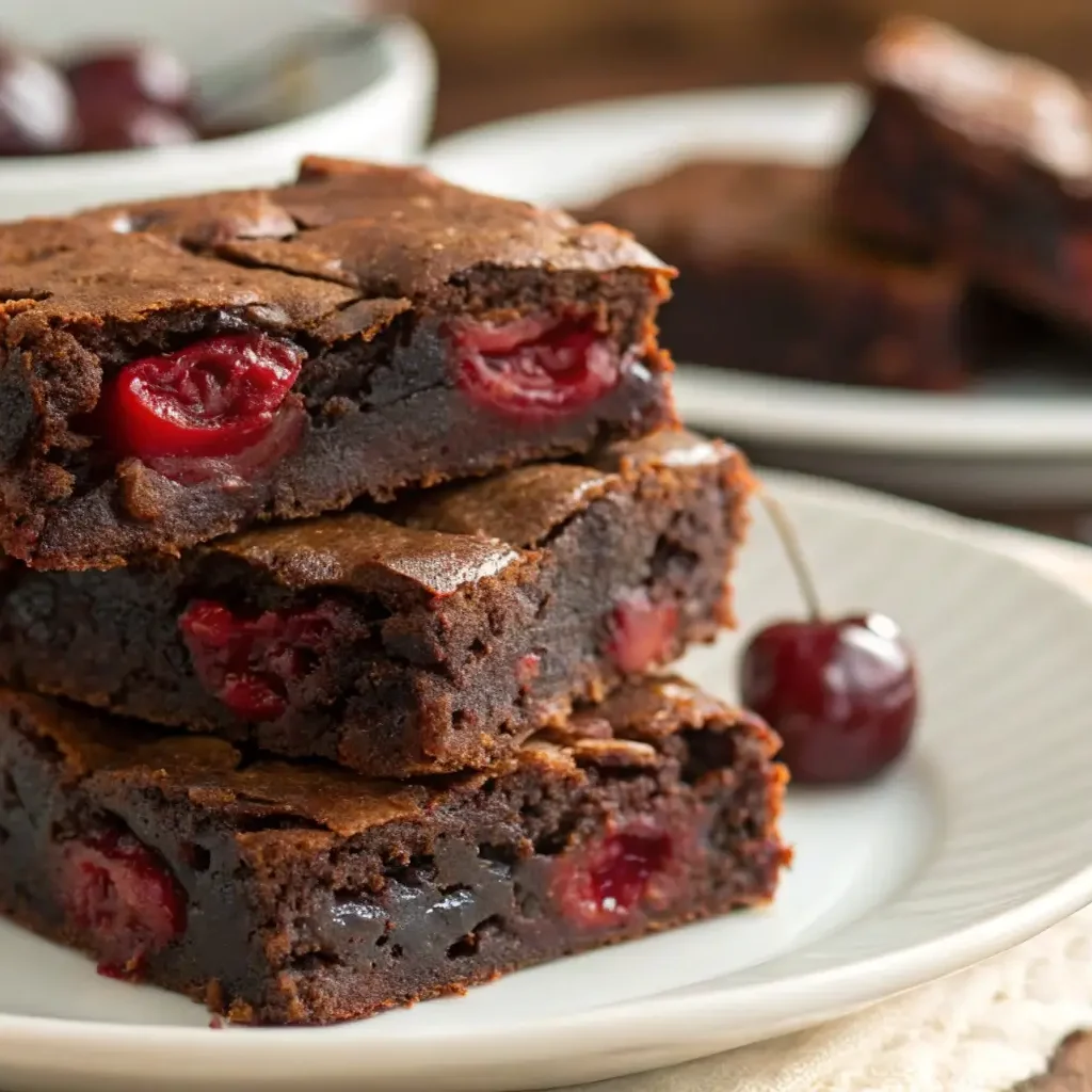 A stack of three cherry chocolate brownies on a white plate, with a fresh cherry beside them and a blurred background featuring more brownies and a bowl of cherries.