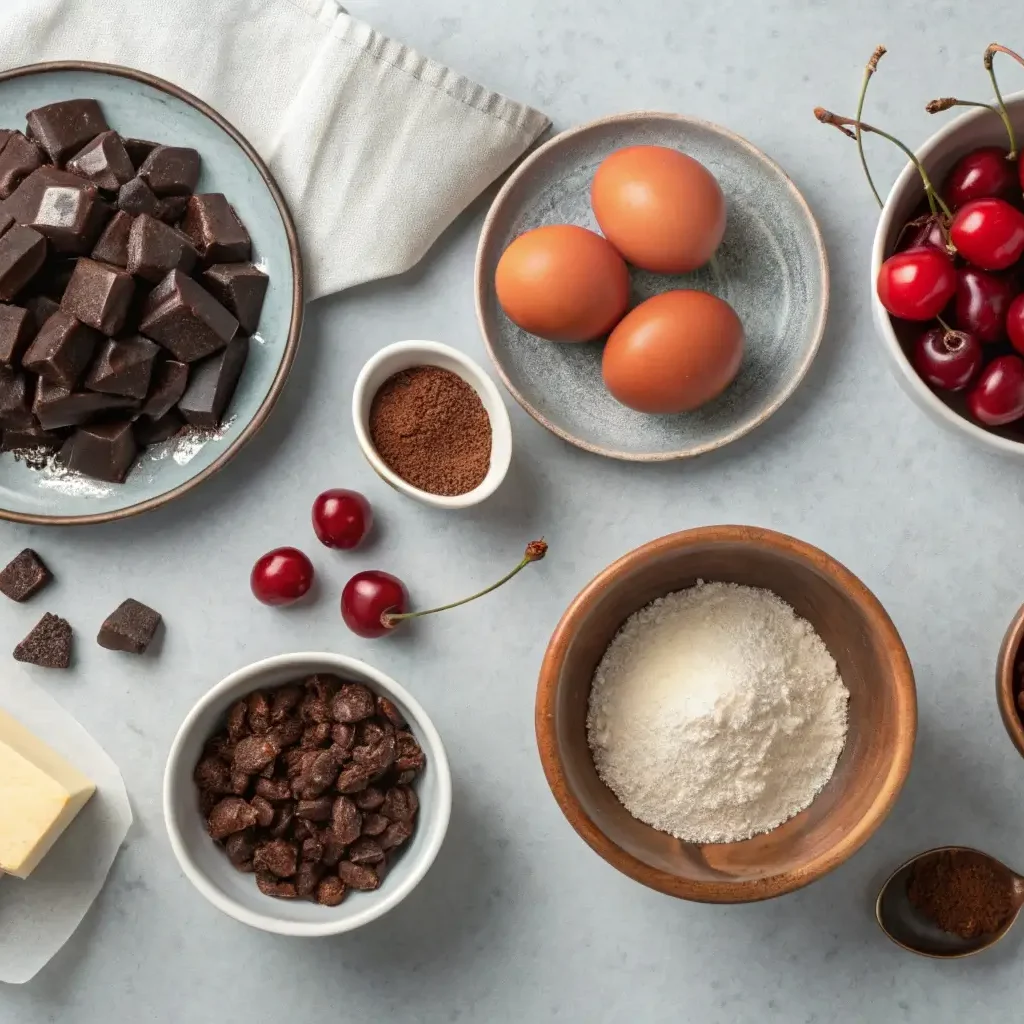 A top-down view of ingredients for cherry chocolate brownies, including dark chocolate, fresh cherries, butter, eggs, flour, and cocoa powder.