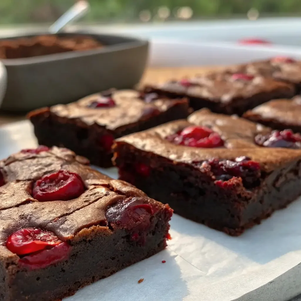 Freshly baked fudgy cherry chocolate brownies with roasted cherries on top, placed on white parchment paper.