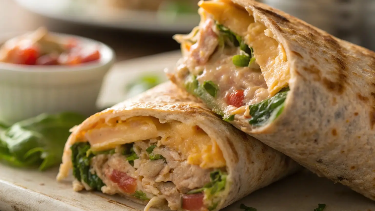 A freshly grilled chicken and cheese wrap cut in half, showing melted cheese, greens, and tomatoes.